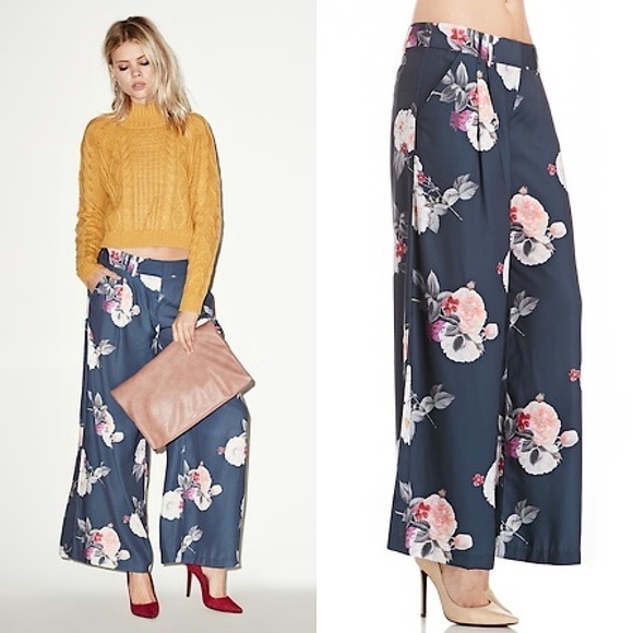 CAMEO Wide Leg Ankle Cropped Floral High Waist Pleated Oversized Palazzo Pants S - Picture 2 of 8